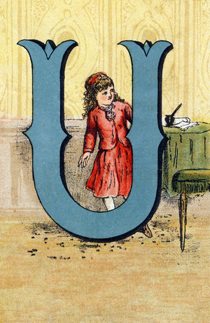 Lettre U. Jeune fille pres d'un bureau. Gravure (Chromolithographie - Chromo) in ""Le grand alphabet de Bebe"". Paul Bernardin, libraire-editeur, Paris, vers 1900. Bibliotheque des bebes. 12 pages. Album contenant une methode de lecture simplifiee et un abecedaire illustre. Dim : 28,5x19cm. Collection privee 