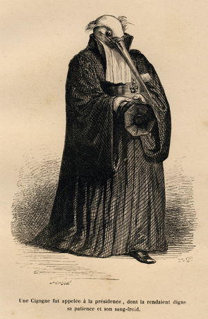 Cigogne en juge. Vignettes illustrees par JJ Granville . Gravure signee Caque dans la partie intitulee "Cour criminelle de justice animale" ecrit par Emile de La Bedolliere in "Scenes de la vie privee et publique des animaux". Paris, J. Hetzel et Paulin, 1842. Etudes de moeurs contemporaines publiees sous la direction de P.-J. Stahl