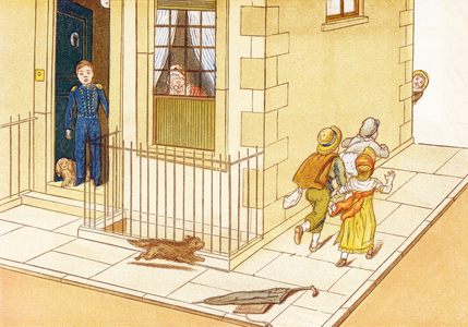 The runaway ring - la fuite galopante, des ecoliers surpris et poursuivis par un chien courent dans la rue, abandonnant leurs affaires sur le trottoir - Extrait de Afternoon Tea : Rhymes for children - Livre de poemes pour enfants , Frederick Warne & Co, libraire-editeur, Londres, vers 1880 - Illustrations originales de John George Sowerby et Henry Hetherington Emmerson