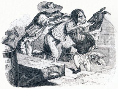 The dog who wears his master's mouth on his neck - Fables by La Fontaine, 19th century (engraving)