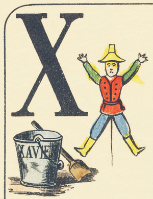 X : Xavier, pantin en forme de X - ABC of everyday things, 1890 (illustration)