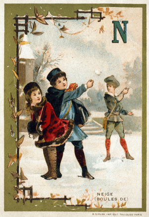 N as Snow . Alphabet on the theme of games. Chromolithography of B. Sirven, late 19th century. Dim: 12x8,5cm