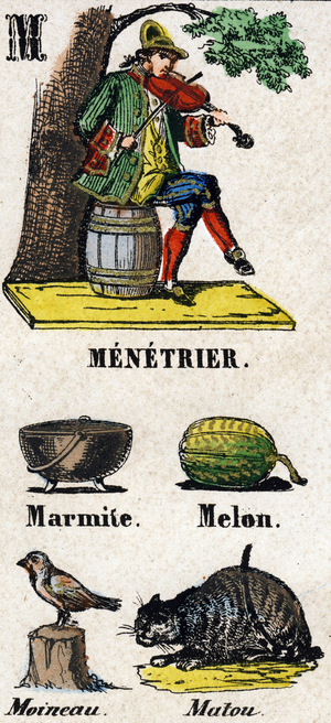 Letter M as Menetrier, Marmite, Melon. Small encyclopedic alphabet, c.1860 (Epinal print)
