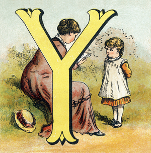 Lettre Y. Une mere faisant reciter ses lecons (poesie ? ) a sa petite fille. Gravure (Chromolithographie - Chromo) in ""Le grand alphabet de Bebe"". Paul Bernardin, 