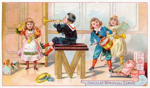 M : Musique - Musik - Illustrated Alphabet Sprungli, c.1890 (chromolithography)