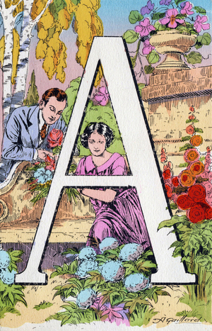 Letter A as Lovers. Abecedary in postcards. Illustrations by A. Gaillard. Series of 24 cards published before 1930 (Annees Folles). Engraving. Dim: 14x9cm. Private Collection