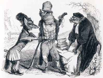 The wolf pleading against the fox in front of the monkey (Le loup plaidant contre le renard par devant le singe) - Fables by La Fontaine, 19th century (engraving)