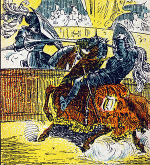 Death of the King of France Henri II (1519-1559) wounded with a spear in the eye by Captain Gabriel de Montgomery (Gabriel de Lorges, 1530-1574) during a tournament (jousting) to celebrate the marriage of his daughter Elisabeth with Philip II of Spain on 30 June 1559, Paris, Place des Vosges. Engraving in “Histoire de France””. Series of advertising images published on behalf of Louit, 24 rue d'Eysines-a-Bordeaux, circa 1920. Total image size: 7.8x5.5 cm. Private collection.