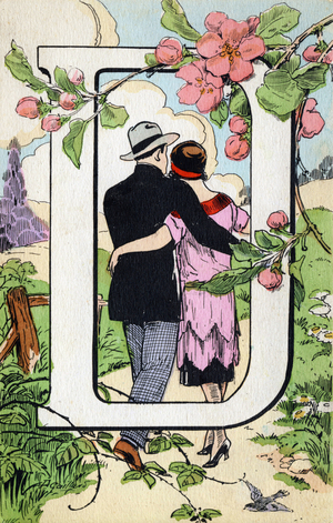 Letter D as Sweet, Two. Abecedary in postcards. Illustrations by A. Gaillard. Series of 24 cards published before 1930 (Annees Folles). Engraving. Dim: 14x9cm. Private Collection