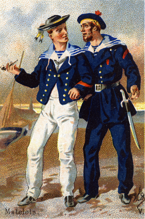 V: Seamen. Engraving in "Military Alphabet" . Illustrator's initials: A. D. Unknown publisher. Chromolithographs late 19th century. Dim: 10,5x7cm .