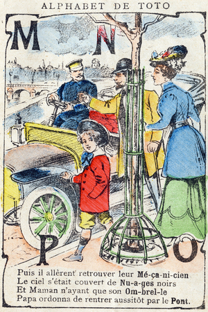 Letters M N O P: Mecanician Clouds Umbrella Bridge. Engraving in "Alphabet de Toto", end of the 19th century. Pont-a-Mousson imaging. Louis Vagne, printer-publisher. 12 pages. Advertising album containing an illustrious abecedary and a simplified reading method. Dim: 16x11cm