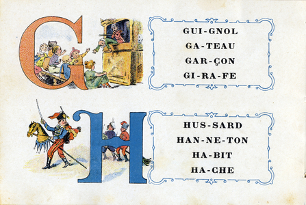 Letter G and H as a puppet theatre and hussard. Alphabet de la Phosphatine Falieres Alphabet brevete S.G.D.G. by pharmacist Pierre Emile Falieres . Illustrations in chromolithography, late 19th century