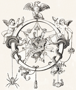 O - Deux serpents et deux angelots -  Alphabet by T. de Bry (new artistic alphabet), 1880 (engraving)