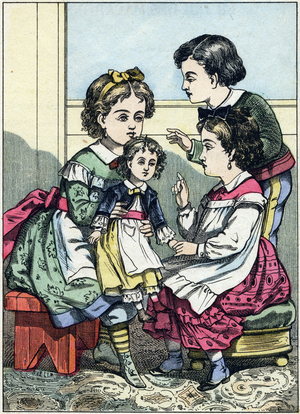 Game of the doll. Engraving from the picture album “The games of childhood", late 19th century (Epinal print)