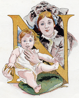 Lettre N Nounou. Gravure in ""Album-Alphabet"". A. Quantin, Imprimeur-Editeur, 1885. Illustrations du baron Ernest de Liphart (1847-1934). 28 pages. Dim : 29x22,5cm. Collection privee