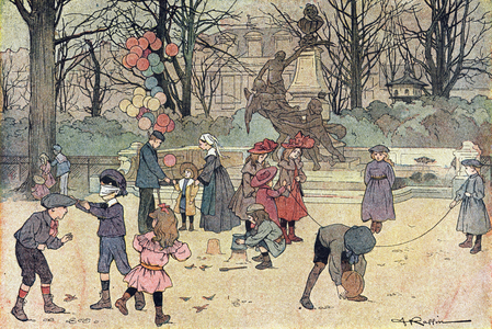 Games of colin-aillard, jumping rope, balloon and sand in the public garden, in Imagier de l'enfance, c.1900 (engraving)