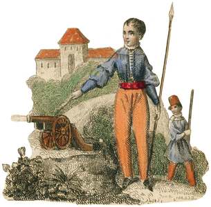 Children's games: the little gunner. J. Langlume, publisher, Paris, c. 1840. Decouped images. Dimensions: 5 x 5 cm.