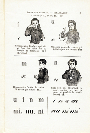 Gestures Reading, page 3 - Teaching reading made attractive and fast by the use of phonomimy. Phonomimic method by Augustin Grosselin (1800-1878). Student's book, forty-third edition. (First edition in 1864: method invented to foster the school integration of deaf children) Bookshop classique Eugene Belin, Belin Freres, Paris, 1929. Dimensions: 18 x 11.5 cm. 72 pages.
