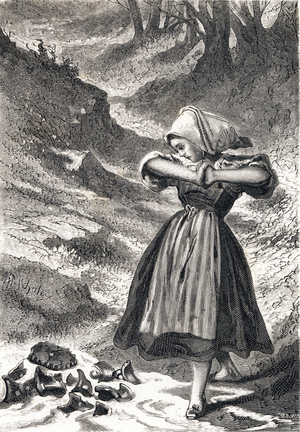 Illustration of “” La laitiere et le pot au lait””, fable by Jean de La Fontaine (Lafontaine) (1621-1695) 1868 (engraving)