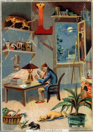 Letter L: yeast; rabbit; spear; moon; lantern; books; lamp; letter; magnifying glass; leguery; ivy; locomotive; leopard; bezel; lantern; bezel. Alphabet (Abecedaire). In each image, there are a number of illustrious words whose representations are staged. Chromolithographs of Parisian Lithography, circa 1890. Dim: 10,7x7,5cm. Private collection.