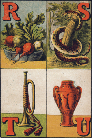 Letter R, S, T and U: radish, snake, trumpet and urn. ABC. Franco-German abecedaire. Late chromolithography of the 19th century. Unknown editor. 16 pages. Dim: 17x11,5cm