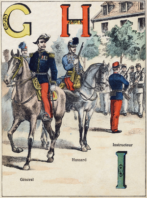 Letters G H I: General, Hussard and Instructor. Engraving in "Alphabet militaire" , Grand-Bebe series. Engraving. Pont-a-Mousson imaging. Louis Vagne, Printer-Publisher, circa 1900. Illustrations by G. Dascher. 20 pages. Dim: 31,5x24,5cm