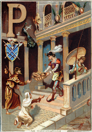 Letter P: bread; basket; fish; peacock; pelerin; foal; plumet; painter; pallet; brush; pigeons; peach; umbrella; fins; panoply; pilasters, c.1890 (lithograph)