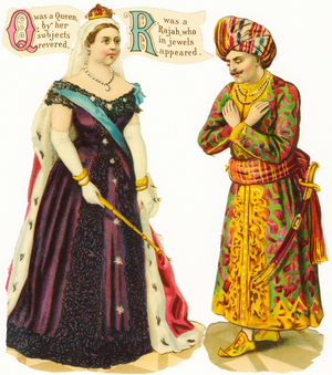 Q was a Queen, by her subjects revered, R was a Rajah, who in jewels appeared - Alphabetical Characters Sheet , c.1890 (chromolithograph)