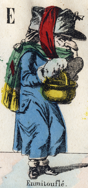 Letter E: Wrap (Wrap of furs and fabrics to keep warm). Engraving in “” Comic Alphabet””. New Epinal imaging. Lithography Pinot et Sagaire, editors, between 1860 and 1888. Plate n°491 with 25 illuminated letters. Dim: 40,5x28cm. Private Collection