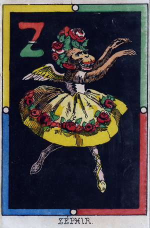 Letter Z as zephir. Alphabet of monkeys.1863 (Epinal print)