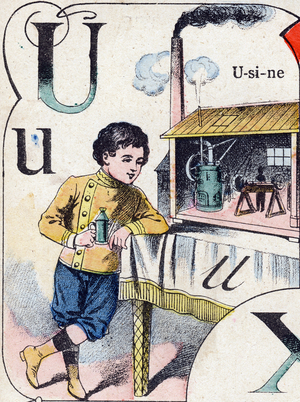 Letter U Factory. Engraving in "ABC des joux pour petits boys". Imaging of Pont-a-Mousson, Louis Vagne, printer-publisher, late 19th century. Dim: 32,5x25 cm