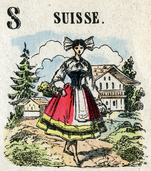 Abecedary. Letter S like Switzerland. Small encyclopedic alphabet, popular series. Epinal imaging, late 19th century