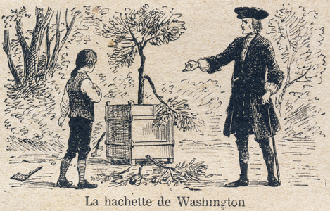 La hachette de Washington. Devoirs envers soi-meme : l'ame. Veracite - Franchise. Gravure in ""Le livre unique de morale et d'instruction civique, destine aux eleves des trois cours de l'Ecole primaire et a ceux des classes primaires des Lycees et Colleges, Premiere Partie : Morale"" par A. Poignet (Inspecteur primaire Officier de l'Instruction publique) et H. Bernat (Instituteur). Ouvrage redige conformement aux instructions donnees par l'inspection generale, en 1893, sur l'enseignement de la morale. Edition de 1919 (dix-septieme). Godchaux et Cie, imprimeurs-editeurs , Paris. Dessins de G. Dascher, graves par Bordier. Collection privee 