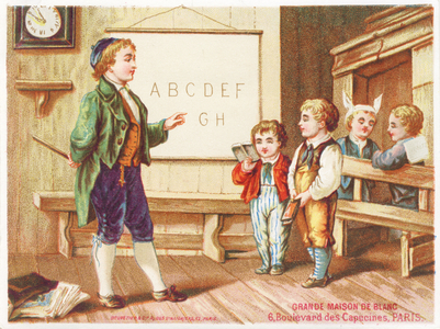 Master and students, the lecture. The master interrogates two studious children. Two others wear a donkey cap or a sign on their back, signs of punishment. Advertising chromolithography, Bouvetier & Cie, Paris, late 19th century. Dimensions: 10.5 x 13.5 cm