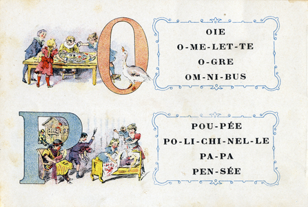 Letters O and P like Goose and doll. Alphabet de la Phosphatine Falieres Alphabet brevete S.G.D.G. by pharmacist Pierre Emile Falieres . Illustrations in chromolithography, late 19th century
