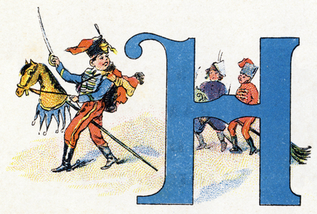 Letter H: Hussard. Alphabet of Phosphatine Falieres . Engraving. Brevete alphabet S.G.D.G. by pharmacist Pierre Emile Falieres . Illustrations in chromolithography, late 19th century. 16 pages. Dim: 103x154mm