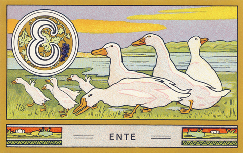 E : Ente - Alphabet Palmin. Serie de chromolithographies editees par H. Schlinck & Cie, Hamburg, s. d. . Publicite pour Palmin feinstes Cocosfett. Dimensions : 7 x 11 cm