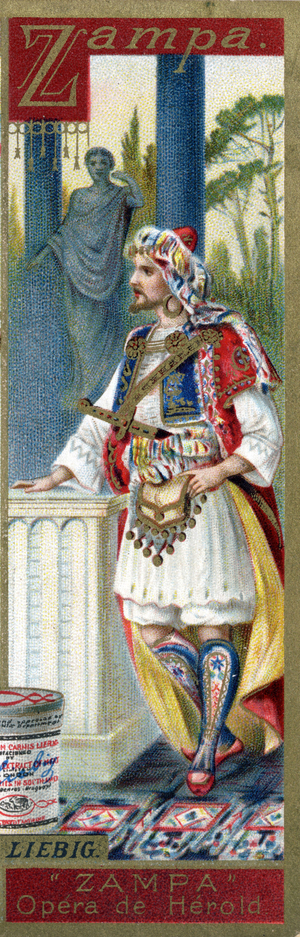 Letter Z: Zampa, in “Zampa or La fiancee de marble”, opera (created in 1831) by Ferdinand Herold (1791-1833). Men's Alphabet (Liebig) Serie S0369. Compagnie Liebig, publisher (b at Antwerp 1893). Abecedaire consists of 12 advertising images in chromolithography. The Liebig brand was invented in 1865 by the German chemist Justus von Liebig (1803-1873). Private Collection