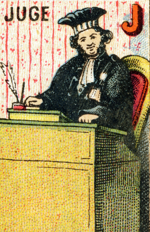 Lettre J Juge. Gravure in "Petit alphabet illustre". Pellerin, imprimeur-editeur, epinal. Bibliotheque enfantine. Serie mignonne. Seconde moitie du 19eme siecle. Petit album contenant un abecedaire illustre, des alphabets, un syllabaire, des mots syllabes et quelques phrases. 12 pages. Dim : 11x7,5cm