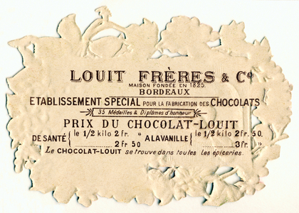advertisng for the Maison Louit Freres, chocolate manufacturer, in Bordeaux, founded in 1825, in the back  the Flowers Alphabet end of 19th century (chromolithograph)
