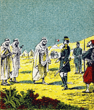 Conquete of Algeria (1830-1847): the submission of Abd el Kader (Abd-el-Kader or ibn Muhyi al-Din al-Hasani (al-Din al-Hasani) (1807-1883) to the Duke of Aumale and the French army on January 24, 1848. Engraving in “Histoire de France””. Series of advertising images published on behalf of Louit, 24 rue d'Eysines-a-Bordeaux, circa 1920. Total image size: 7.8x5.5 cm. Private collection.
