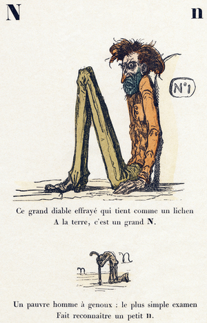 Letter N: This great frightened devil who holds like a lichen to the earth is a large N, 1861 (engraving)
