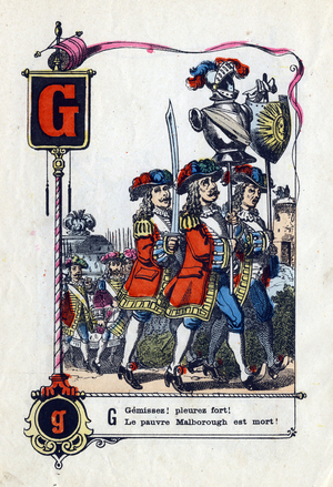 Letter G as "  Gemez! Cry hard! Poor Malborough died.”.Comic abecedaryc.1850-1860 (Epinal print)