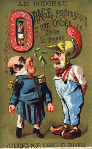 Letter O: Thunderstorm precursor of a surge of punches. Engraving in "Alphabet des grotesques"”. Series of 25 advertising chromolithographs on a gold background, late 19th century. Dim: 11x 7 cm