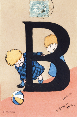 B comme ballon - Alphabet enfants. C. M. editeur, Paris. Cartes postales peintes e la main, affranchies en 1904. Dimensions : 14 x 9 cm
