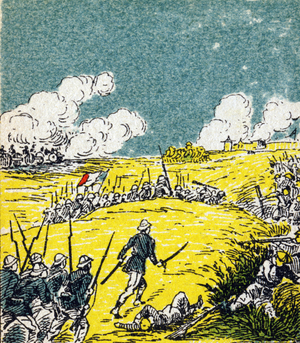 France to Tonkin. Engraving in “Histoire de France". Series of advertising images published on behalf of Louit, 24 rue d'Eysines-a-Bordeaux, circa 1920. Total image size: 7.8x5.5 cm .