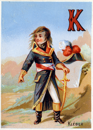 K as Kleber , French general). Alphabet illustrates each letter representing a child in a suit. Chromolithography of H. Battle, late 19th century. Abeedaire consists of 25 advertising images. Dim: 10x7cm