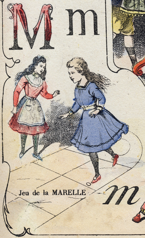 Letter M: marelle game. Doll's alphabet. Imaging of Pont-a-Mousson by Louis Vagne, c.1900 (lithograph)