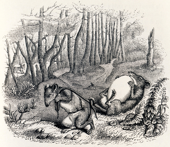 The two rats, the fox and the egg (Les deux rats, le renard et l'oeuf) - Fables by La Fontaine, 19th century (engraving)