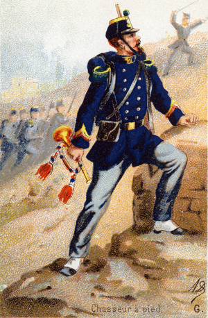 G: Foot hunter. Engraving in "Military Alphabet" . Illustrator's initials: A. D. Unknown publisher. Chromolithographs late 19th century. Dim: 10,5x7cm .